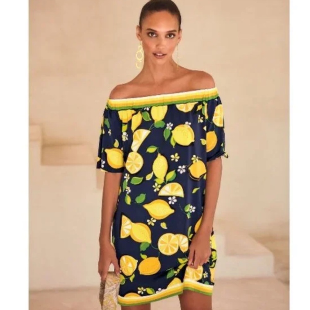 NWT Trina Turk lemon dress medium off the shoulder navy yellow